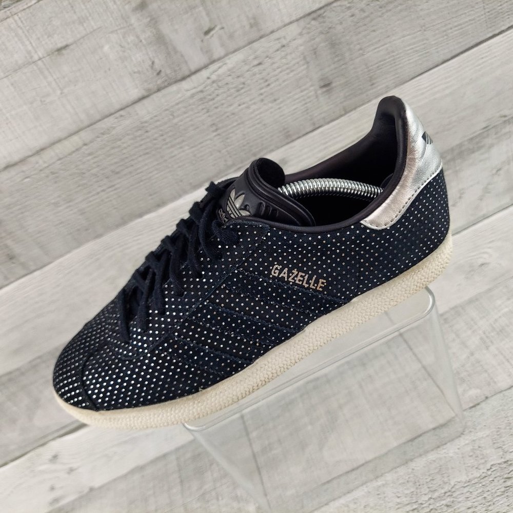Adidas Shoes Womens 7.5 Gazelle Sneaker Black Leather Silver Polka Dots